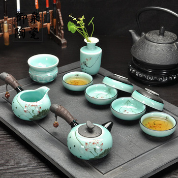 御泉陶瓷青瓷手绘荷花侧把壶整套功夫茶具套装中秋礼品