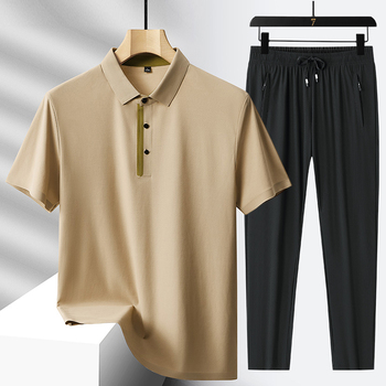 厂家直销2024精选轻奢高端冰丝无痕POLO衫+安踏条面料长裤套装B4-38-6628-89长套